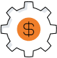A gray gear with an orange center containing a black dollar sign, symbolizing financial operations or money management.