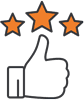 A hand giving a thumbs up below three orange stars, symbolizing positive feedback or a high rating.