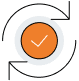 An orange circle with a white check mark in the center, surrounded by a light gray ring and two curved black arrows forming a circular motion around the outside.