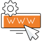 An illustration of a gear above an orange web browser address bar displaying WWW, with a large cursor pointing at the address bar.