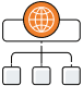A globe icon inside an orange circle sits above three connected blank squares, representing a network or organizational hierarchy.