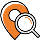 A magnifying glass icon overlays an orange map pin, symbolizing location search or exploring a place.