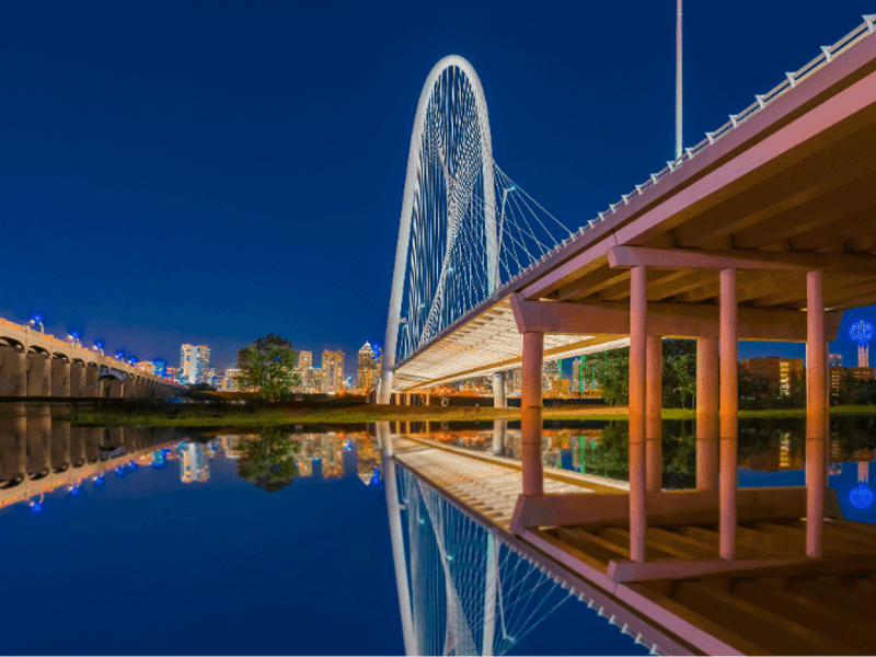 A modern cable-stayed bridge illuminated at night, reflected in calm water below, with a city skyline and skyscrapers glowing in the background.
