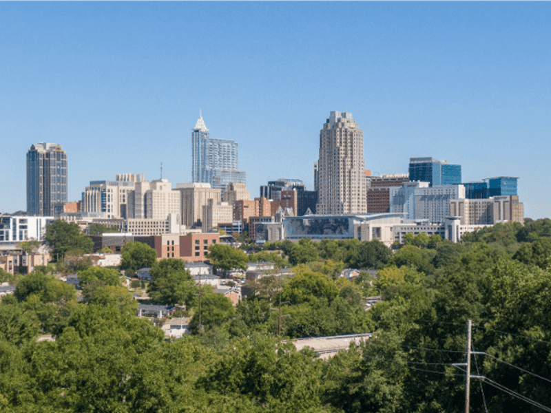 A city skyline with several tall buildings rises above a foreground of green trees under a clear blue sky.