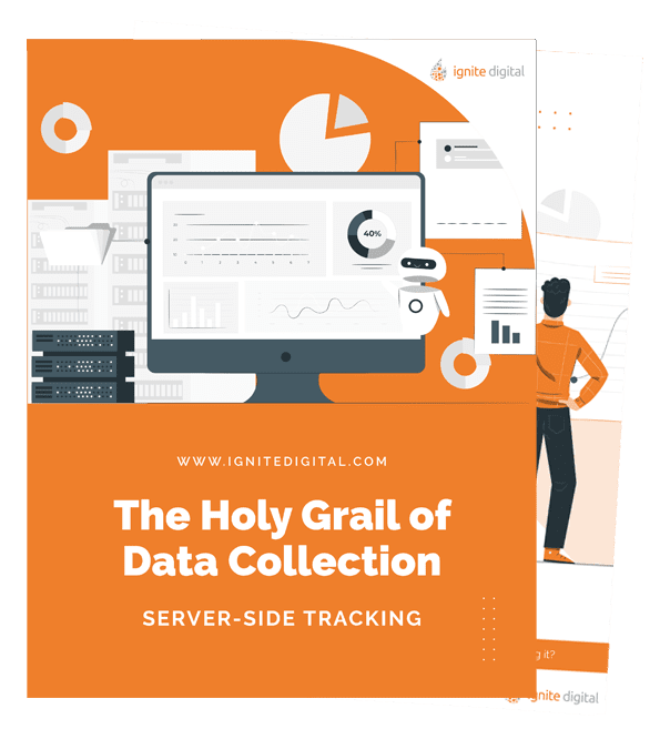 An illustrated cover titled The Holy Grail of Data Collection: Server-Side Tracking features a computer screen with data graphs, a man looking at charts, and orange accents. The website ignitebackup11.myinternalworking.com is displayed.
