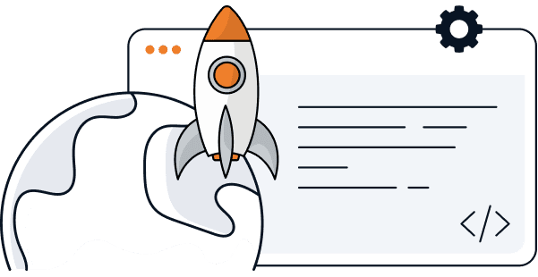 Illustration of a rocket launching from a stylized globe, with a rectangular window featuring text lines, a gear icon, and code brackets, suggesting themes of technology, coding, or innovation.