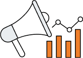 Illustration of a megaphone next to four ascending orange bar graphs and a line graph with data points, representing marketing analytics or business growth.