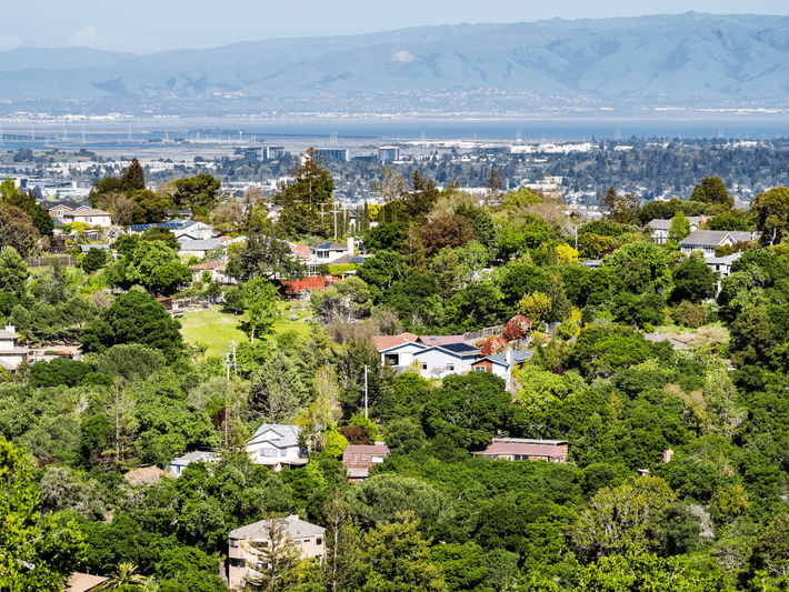 A scenic view of a suburban neighborhood with many trees and houses, set against a backdrop of mountains and a distant city under a clear sky.